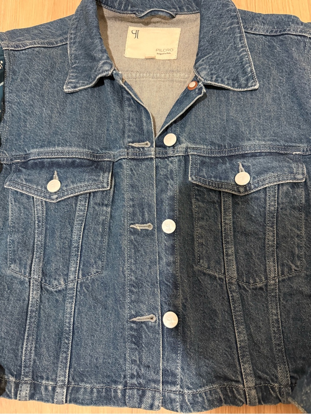 Pilcro Dark Blue Denim Jacket with Teal Quilted Patterned Sleeves - Picture 3 of 4